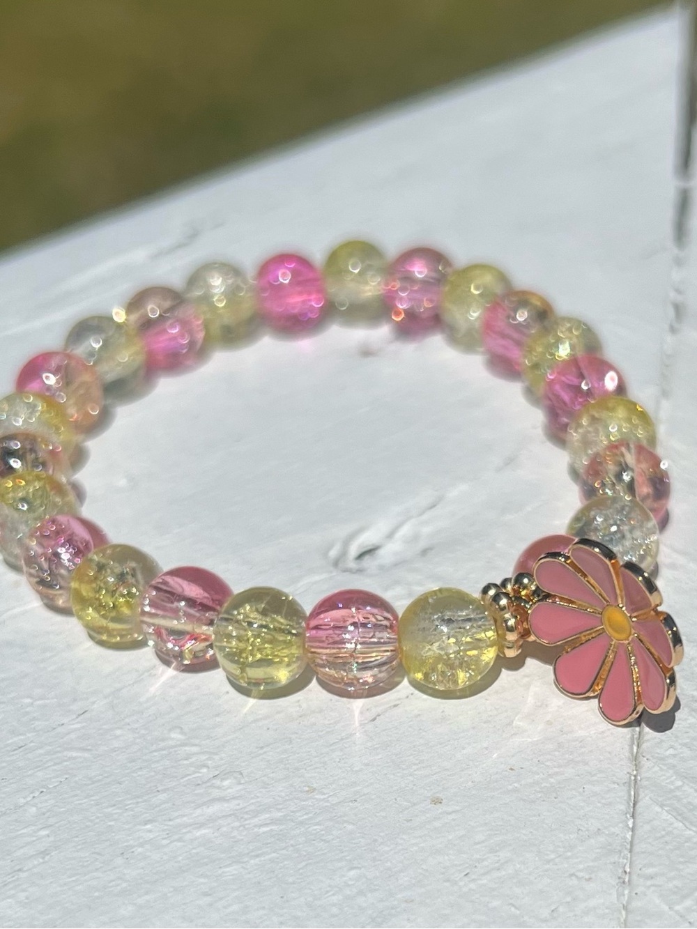 Handmade Sparkle Pink and Green Beads with Pink Flower Charm.